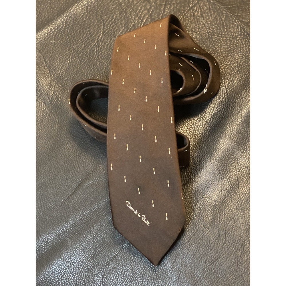 Oscar De La Renta Vintage Men's Tie Brown Dots Polyester Silk Blend